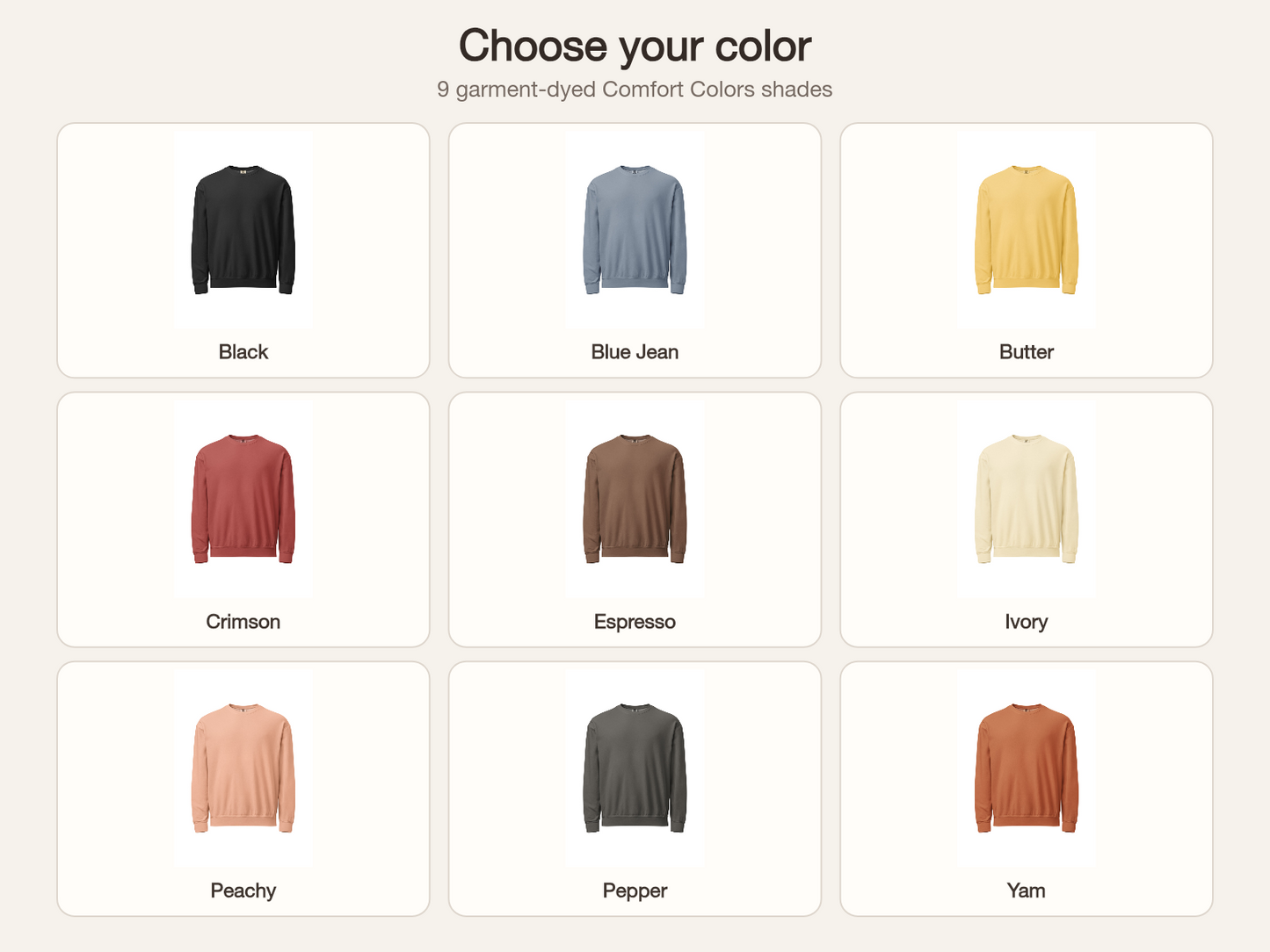 Mama sweatshirt available in nine garment-dyed colors