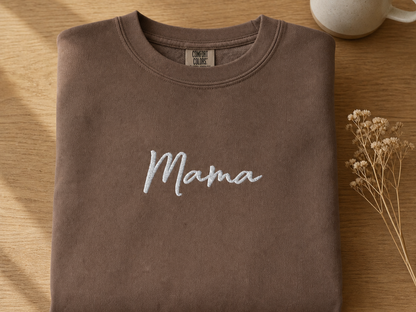 Espresso Mama embroidered sweatshirt flat lay
