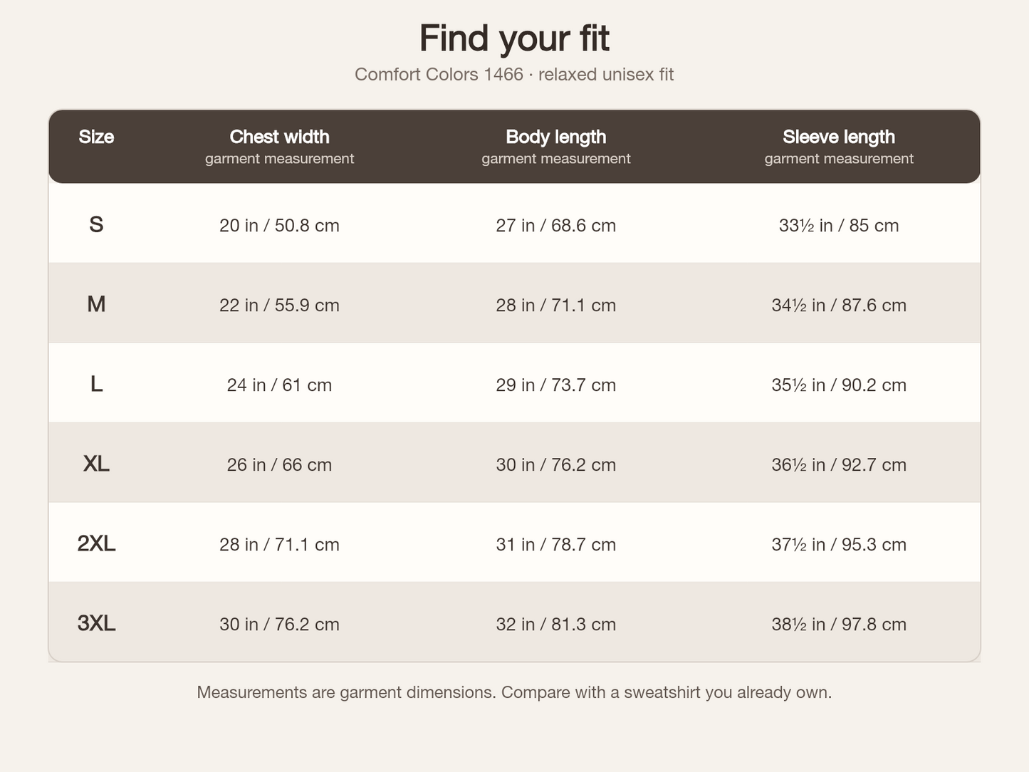 Comfort Colors 1466 Mama sweatshirt size guide