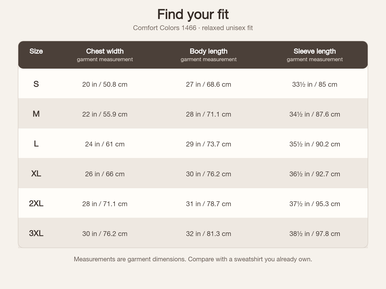 Comfort Colors 1466 Mama sweatshirt size guide